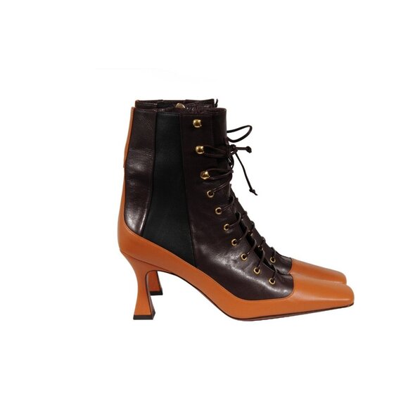 Manu Atelier Womens Duck Lace Up Boots US 7 EU 37 Brown Leather Square Toe - Picture 8 of 10